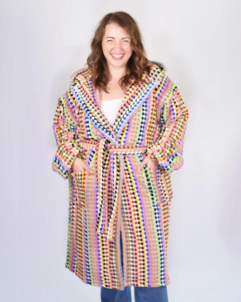 Txtile Turkish Cotton Plush Hooded Terry Cloth Robe - Rainbow Checkers