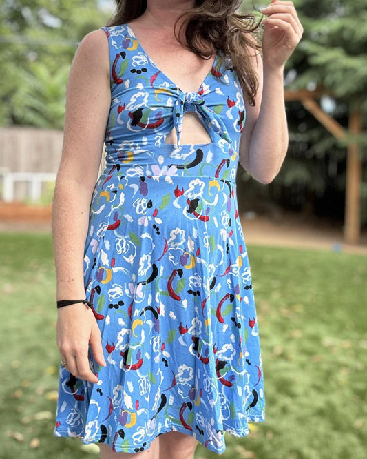 KD Designs Jenny Keyhole Dress in Blue Party Print