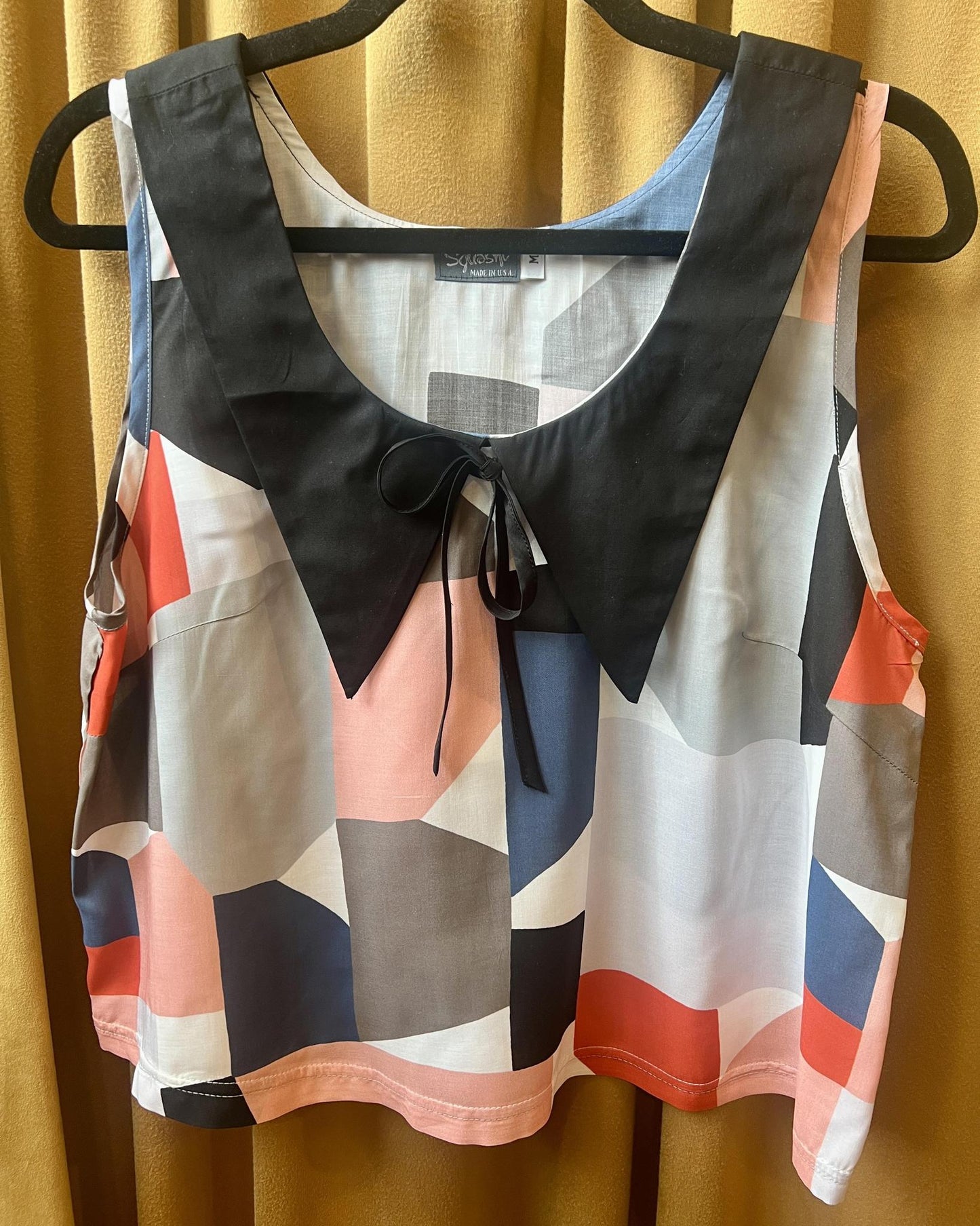 Squasht 70s Collared Tank in Abstract Art Print w/ Black Collar & Bow