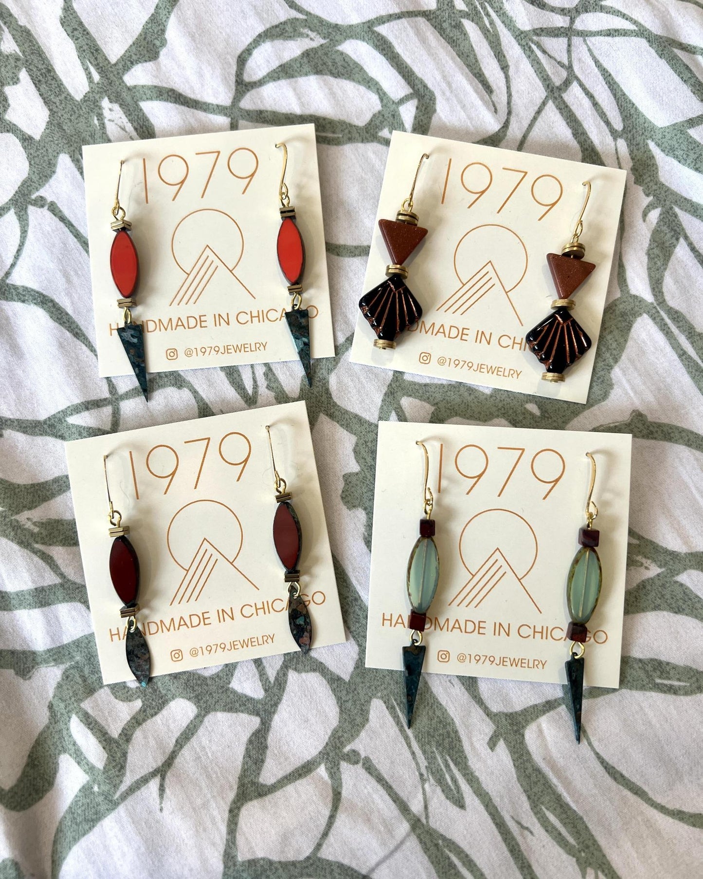 1979 Jewelry Brass Earrings Hot Red and Verdigris Spikes