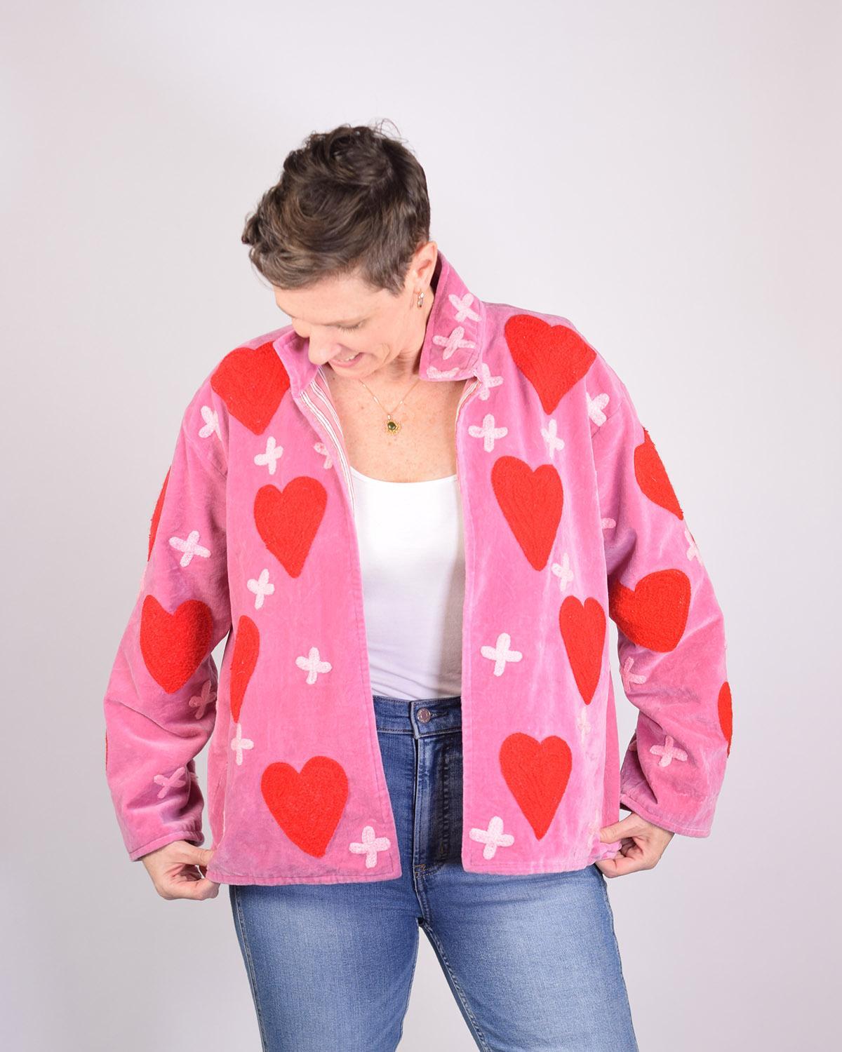 Txtile Blush Pink Velvet Jacket with Embroidered Red Hearts