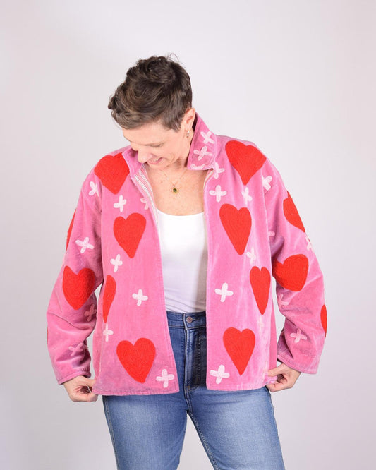 Txtile Blush Pink Velvet Jacket with Embroidered Red Hearts