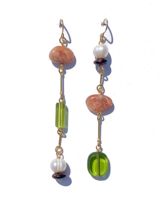 Composition Earrings- Sunstone, Pearl, Mahogany Obsidian, Glass