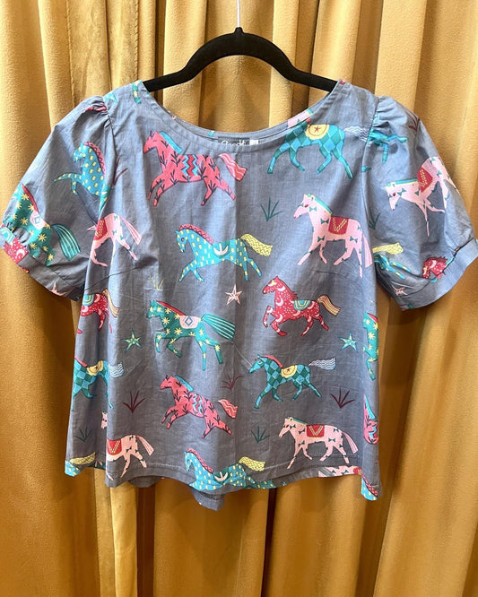 Squasht Puff Sleeve Top in Gray Horses Print