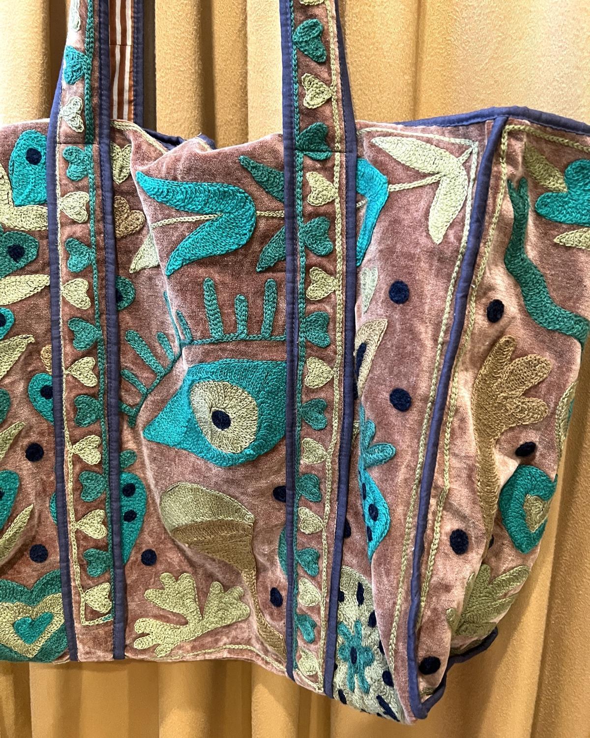 Txtile Velvet Suzani Tote Bag in Brown and Green Evil Eye