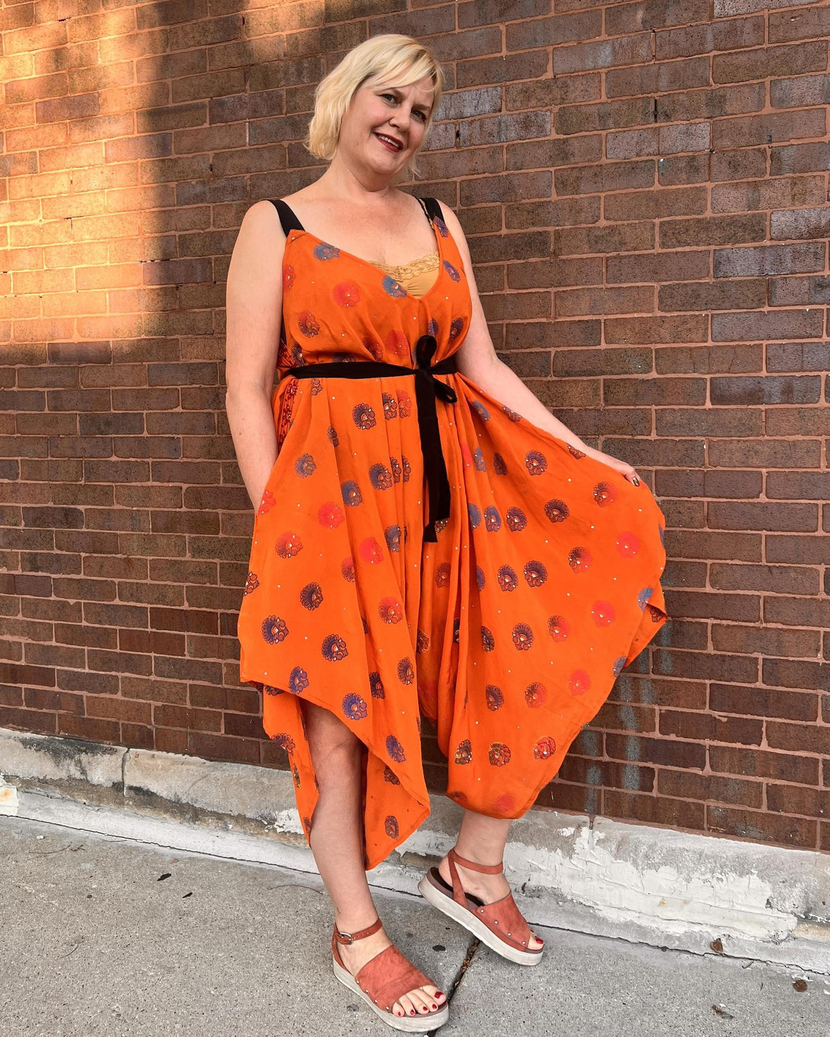 Indie Ella Zatanna Boho Silk Jumpsuit in Orange Crush