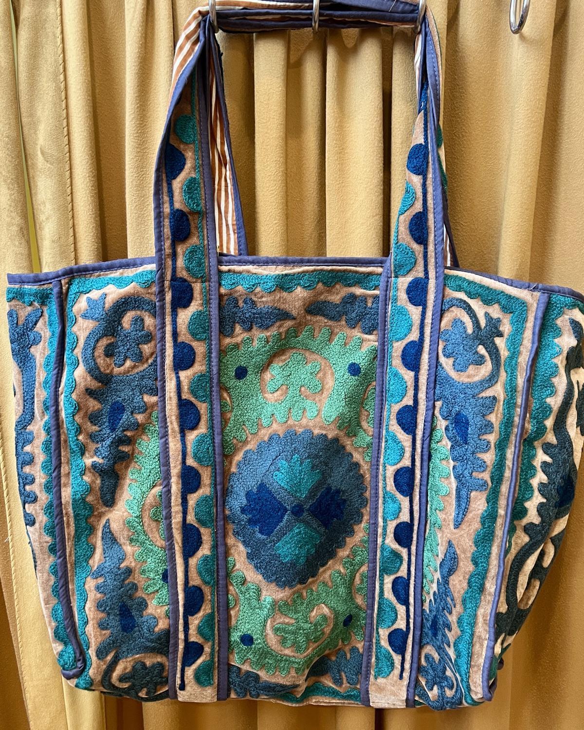 Txtile Velvet Suzani Tote Bag in Shades of Green and Blue