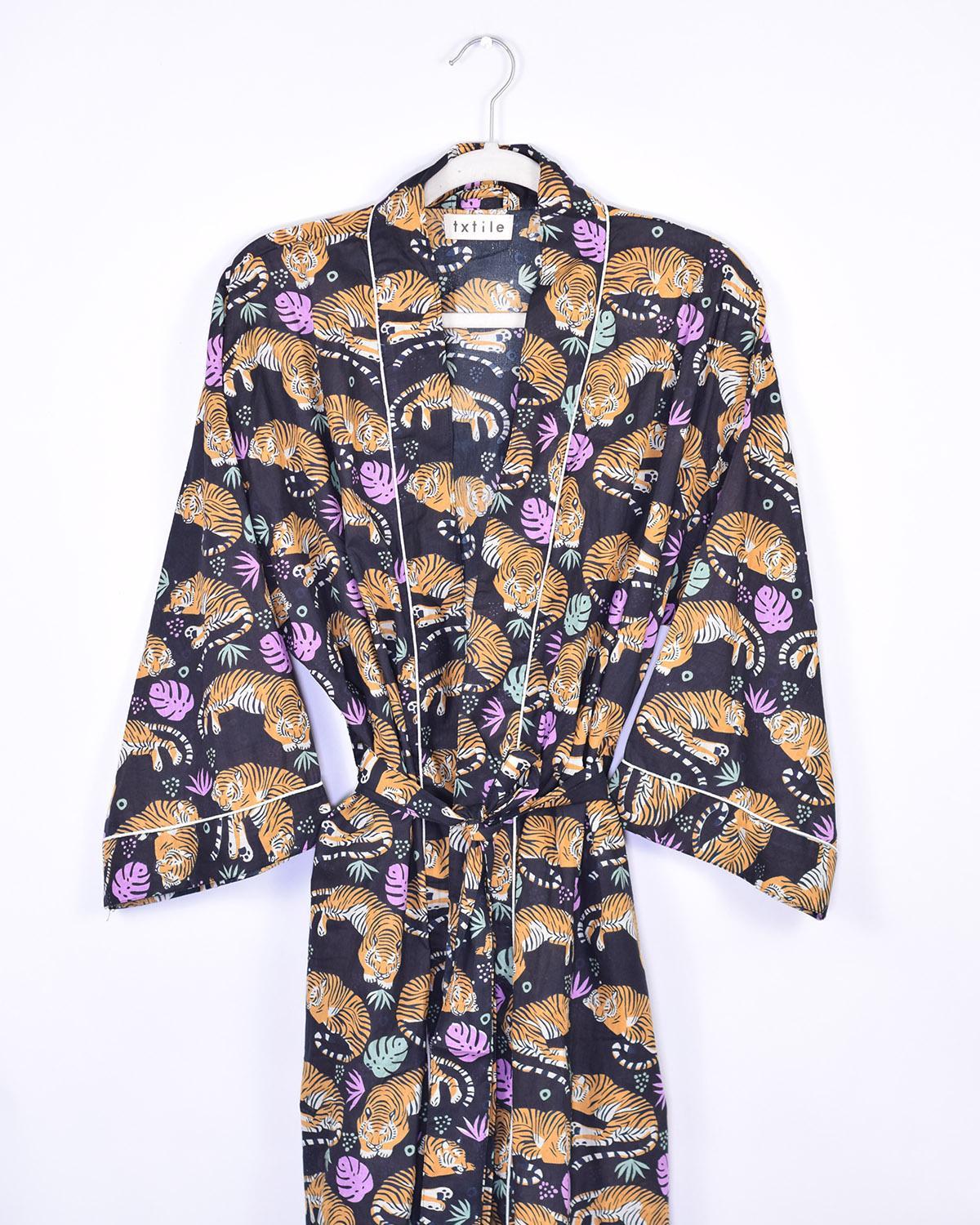Txtile Lightweight Cotton Robe - Sleeping Tigers in Black