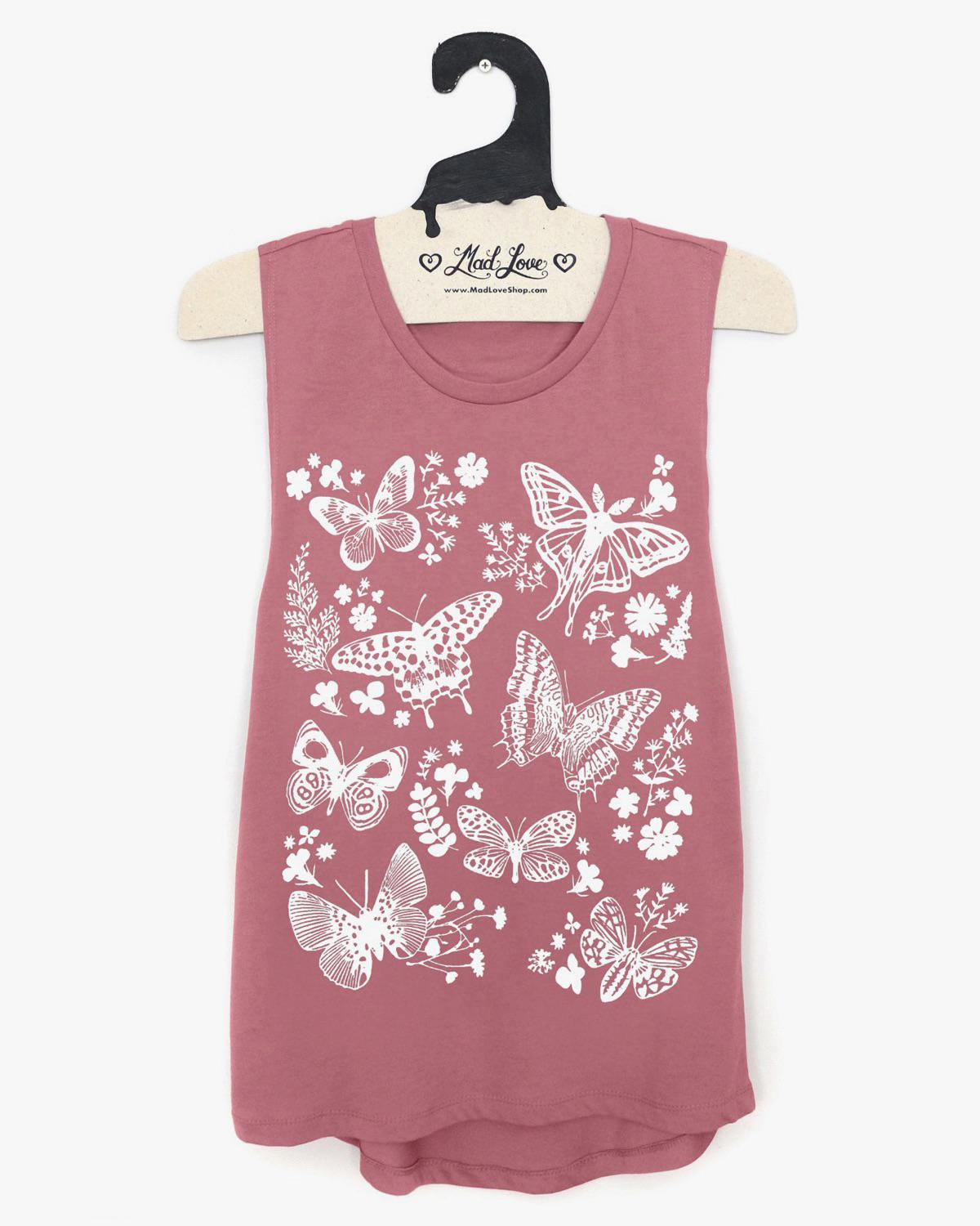 Mad Love Mauve Muscle Tank With Moths And Butterflies