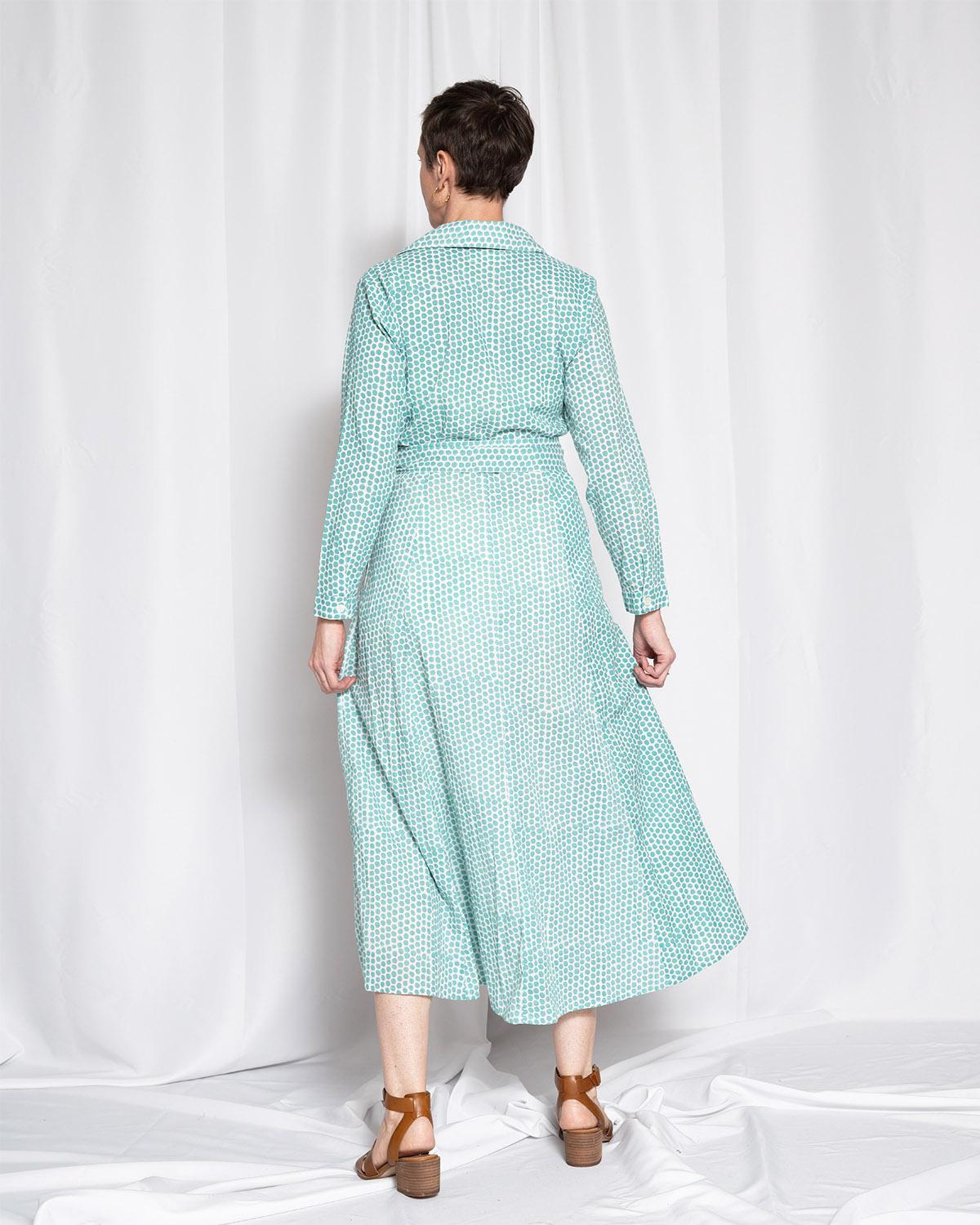Txtile Elena Button Down Long Sleeve Shirt Dress - Teal Dots
