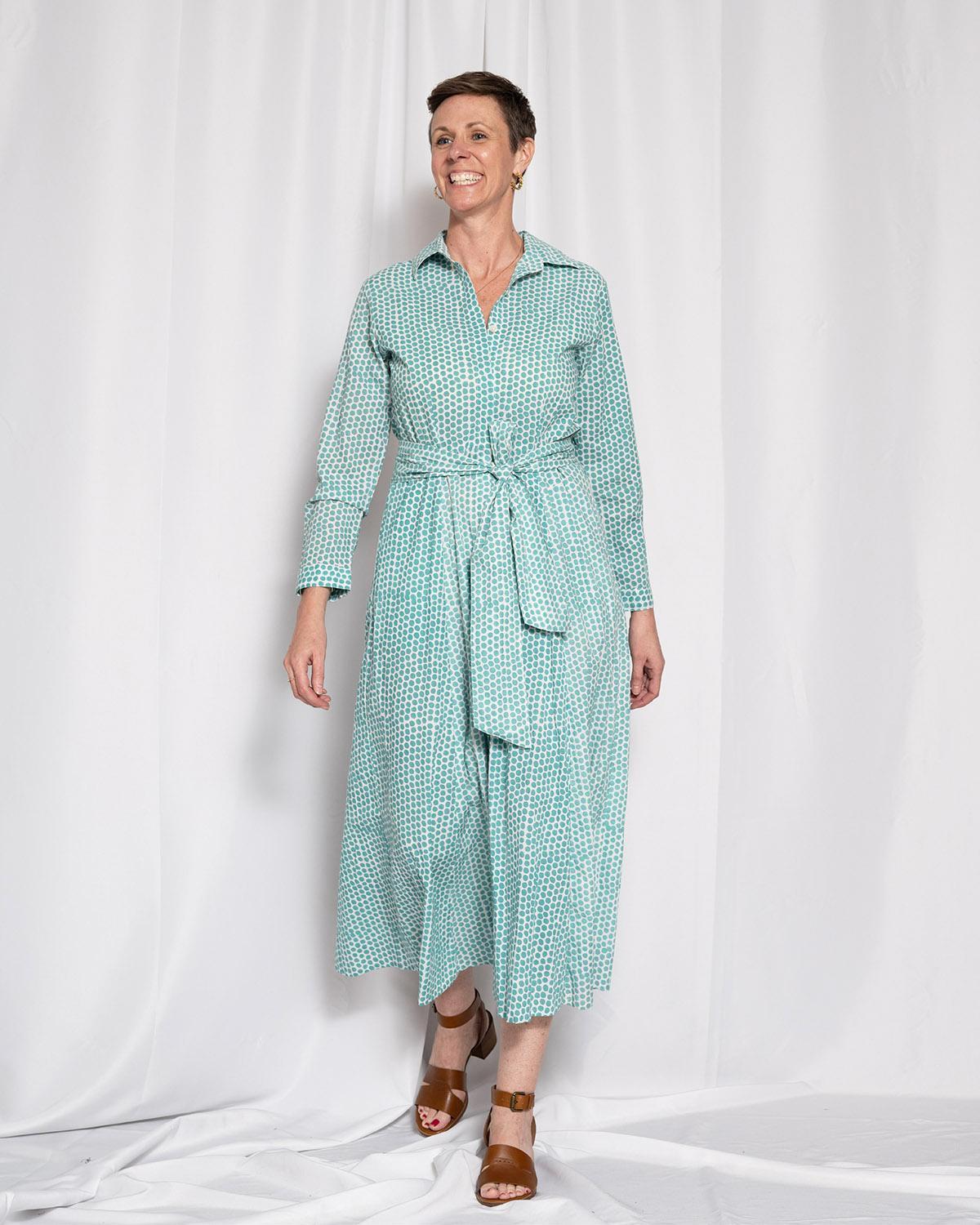 Txtile Elena Button Down Long Sleeve Shirt Dress - Teal Dots