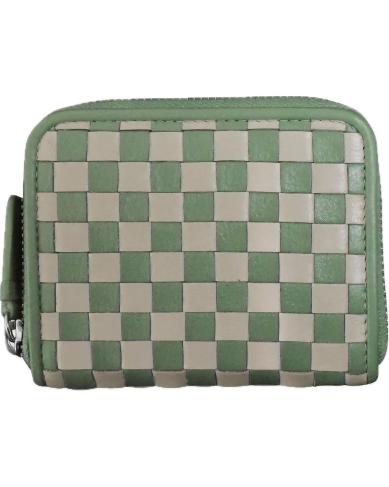 ili Leather Checkerboard Zip Around Wallet in Sage/Stone