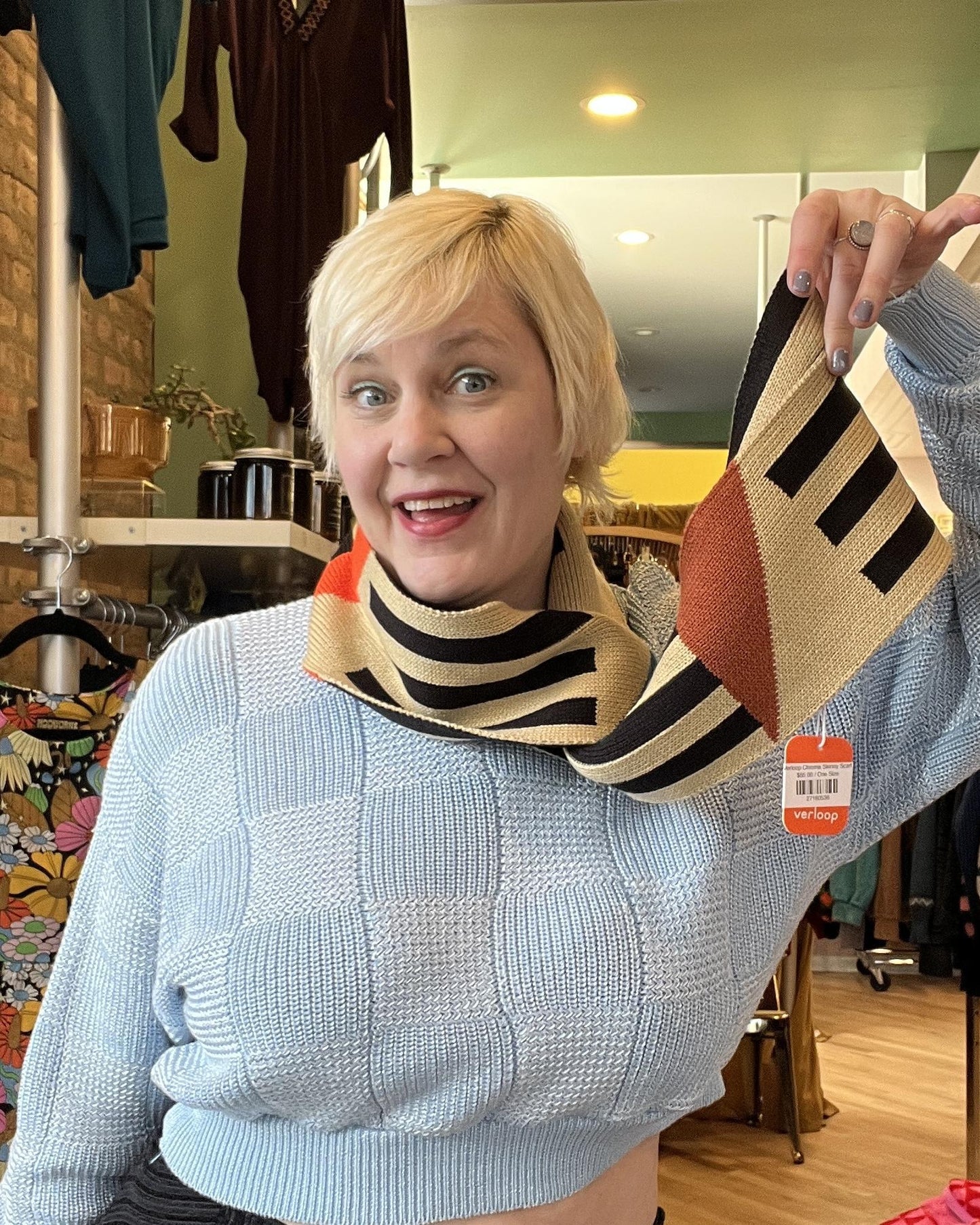 American Recycled Clothing - Crop Knit Sweater - Powder Blue Subtle Squares