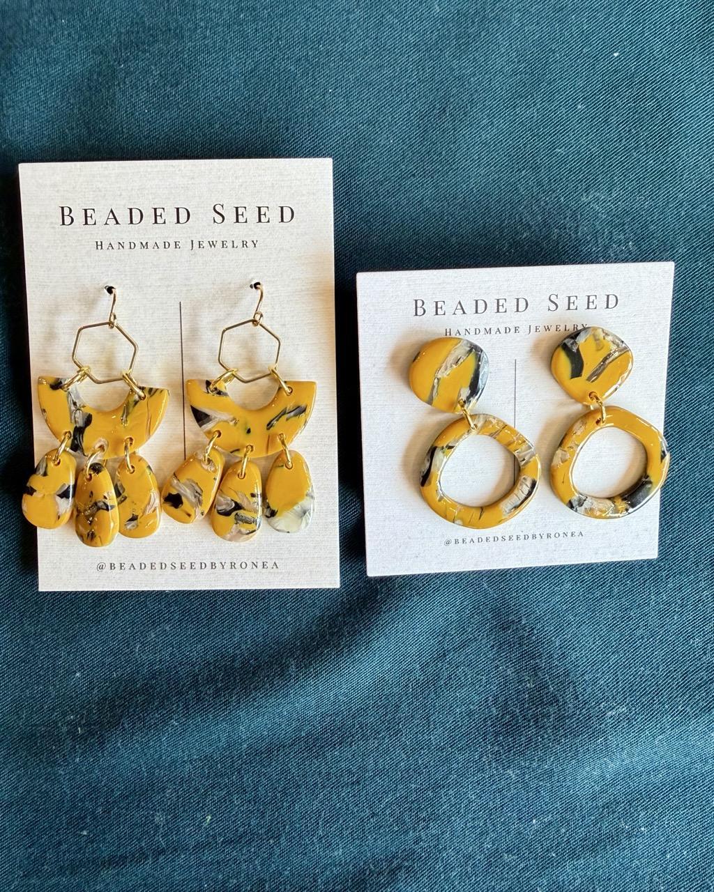 Beaded Seed by Ronea Dangle Stud Earrings in Marbled Golden Yellow