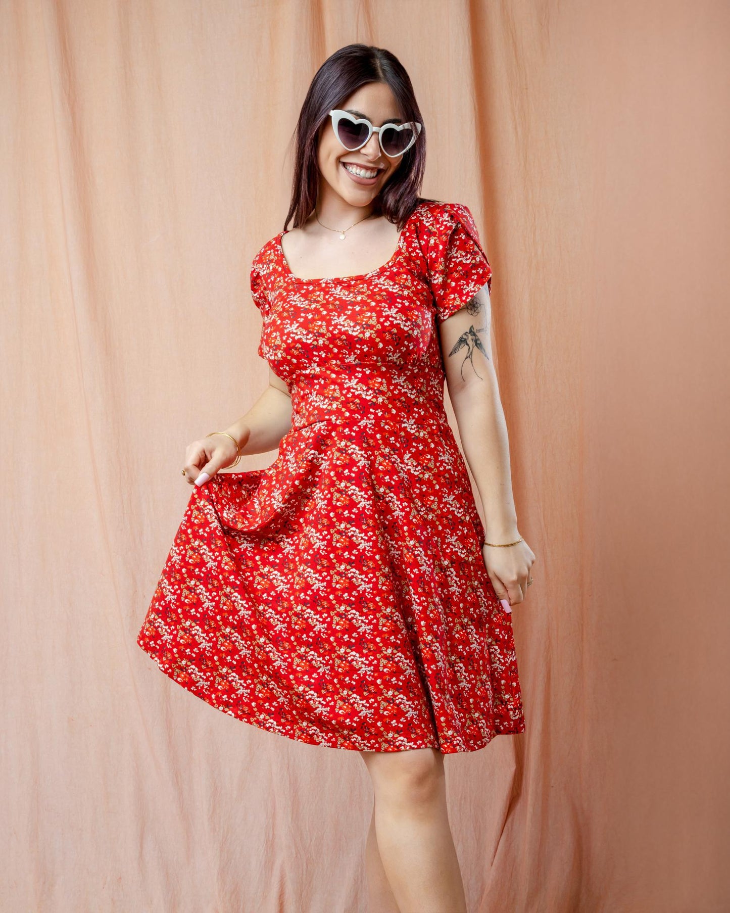 Squasht Petal Sleeve Dress in Scarlet Red Ditsy Floral Print