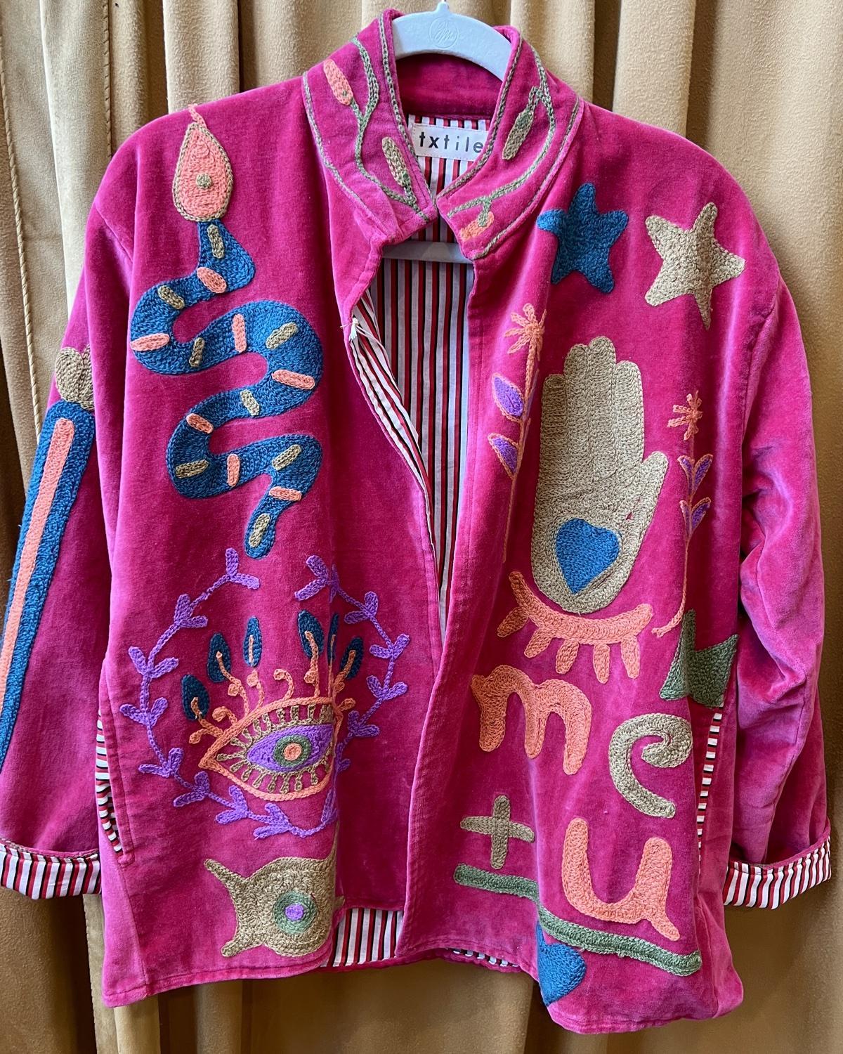 Txtile Hot Pink Velvet Jacket with Snake and Cactus Motif