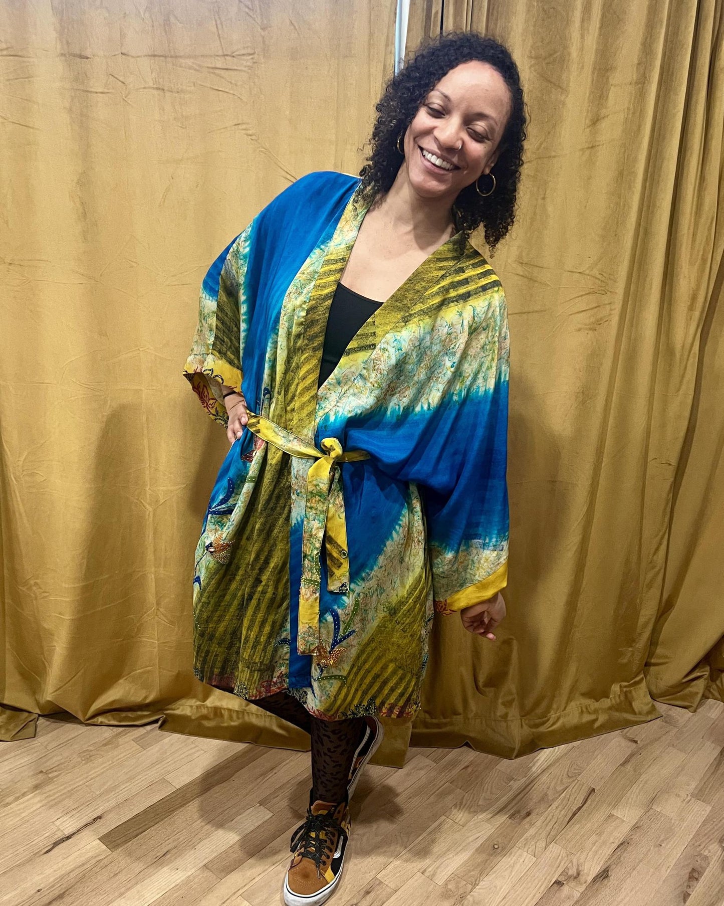Indie Ella Kimono Flowy Silk Duster in Blue Lagoon