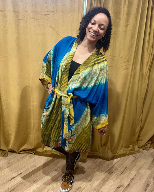 Indie Ella Kimono Flowy Silk Duster in Blue Lagoon