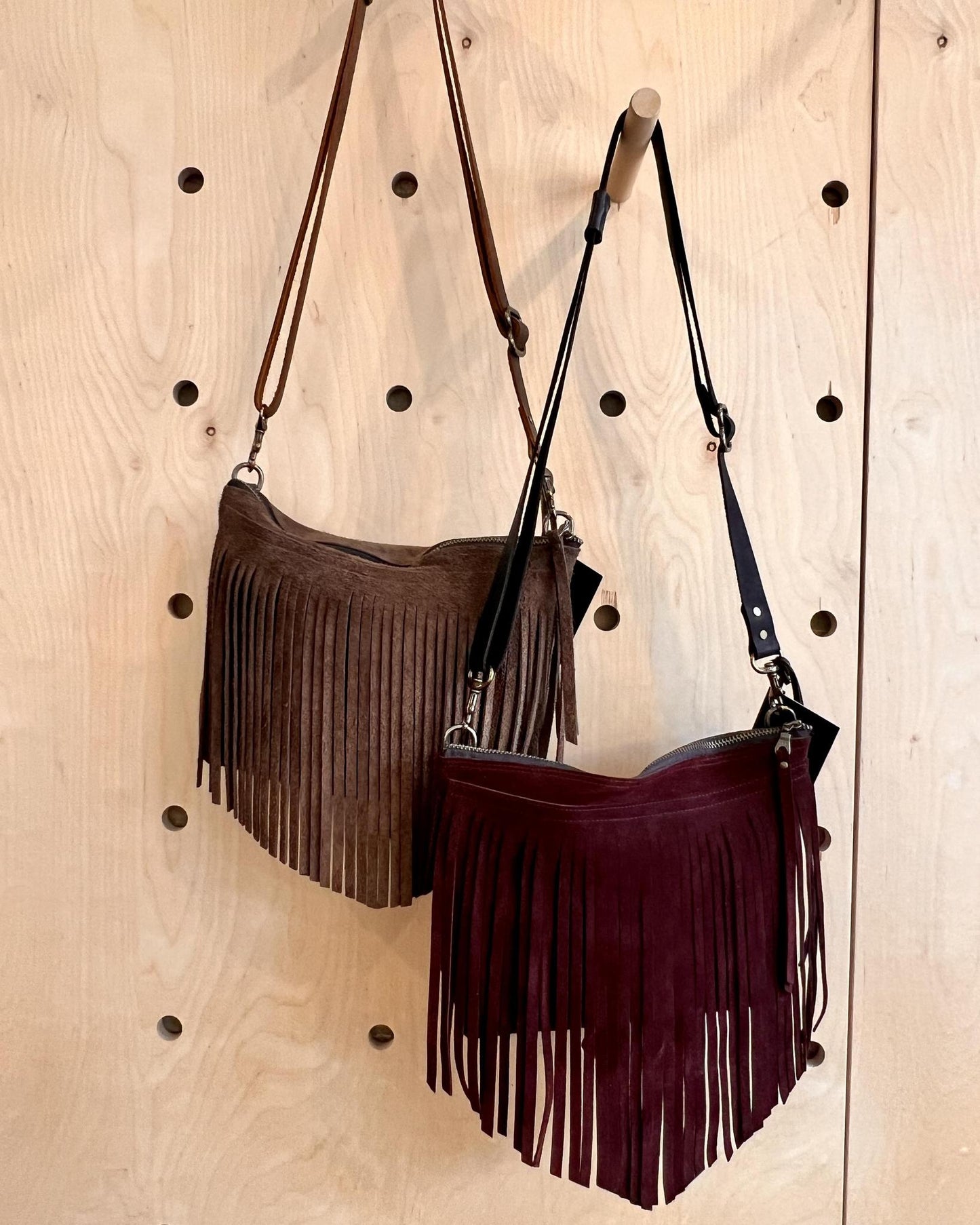Vallente Leather Fringe Handbag in Deep Plum