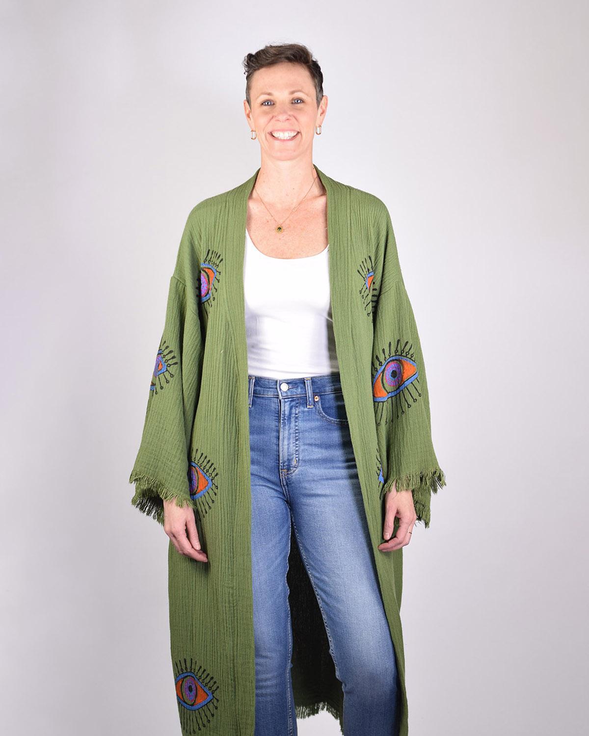 Txtile Luxury Turkish Cotton Evil Eye Kimono/Robe - Olive Grove