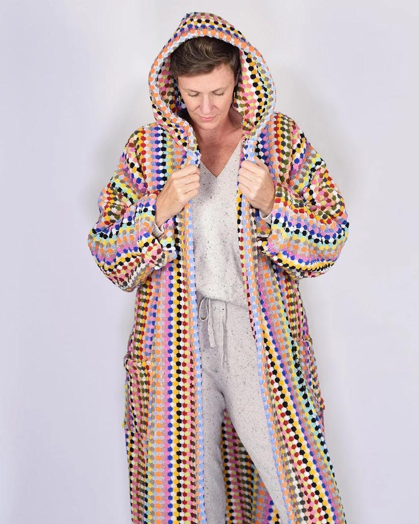 Txtile Turkish Cotton Plush Hooded Terry Cloth Robe - Rainbow Checkers