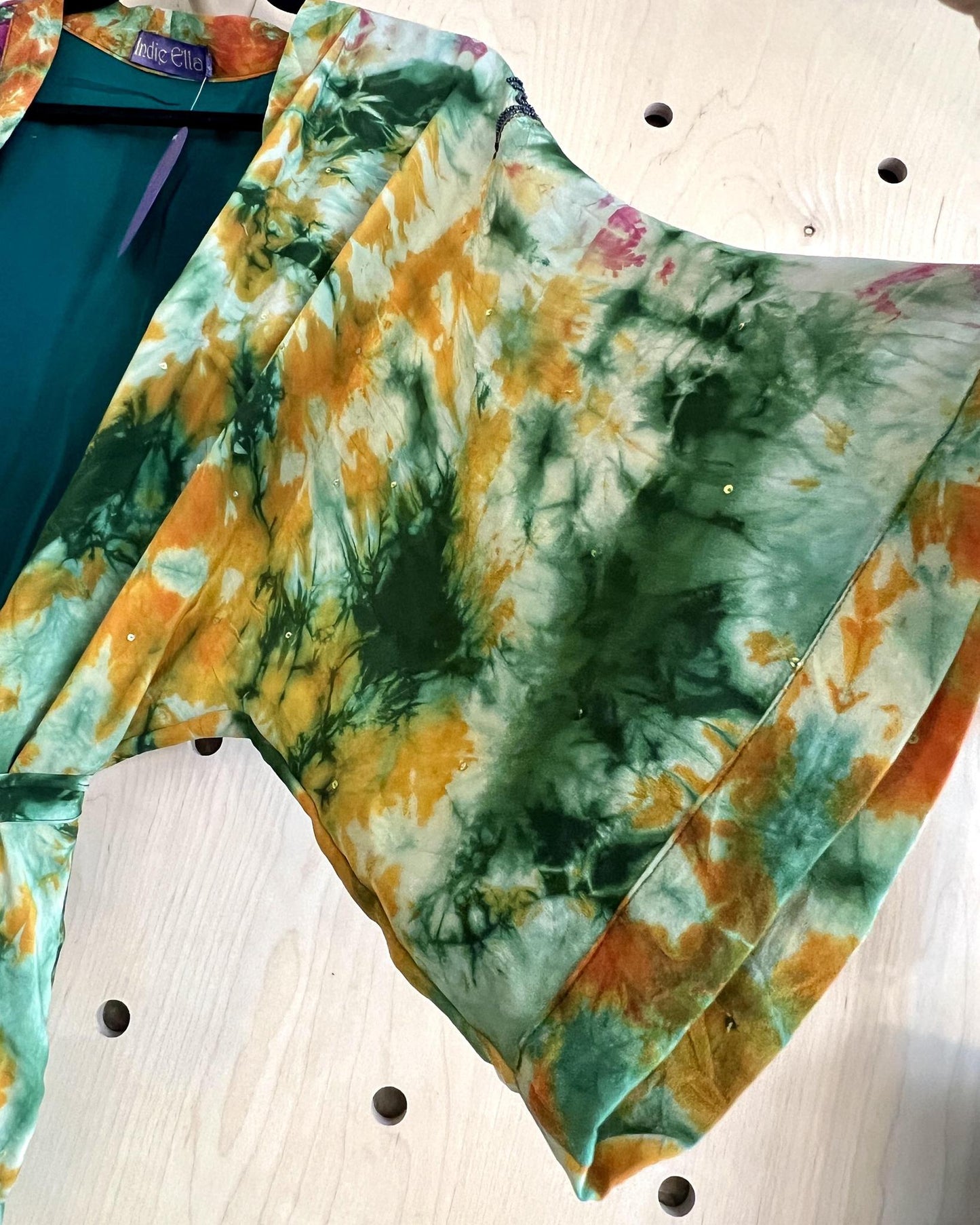 Indie Ella Double Flannery Lined Crepe Silk Kimono in Pink & Green Tie Dye