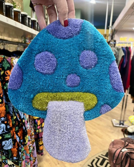 Hi Cutie Mushroom Wall Hanging in Turquoise and Purple
