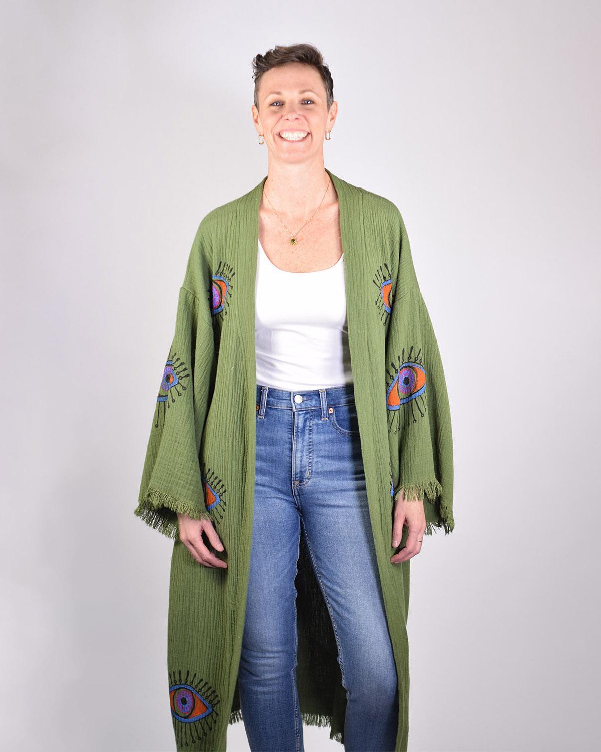 Txtile Luxury Turkish Cotton Evil Eye Kimono/Robe - Olive Grove