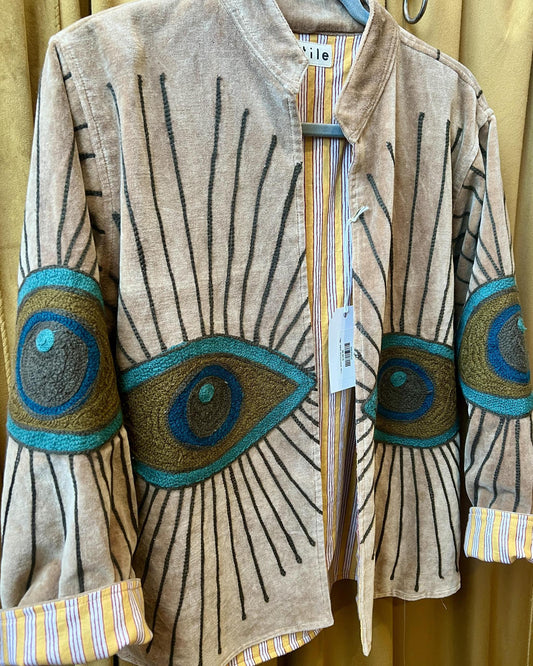 Txtile Velvet Evil Eye Jacket in Tan with Brown Eyes