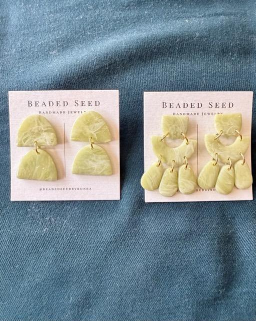 Beaded Seed by Ronea Stud Dangle Earrings in Sage Green