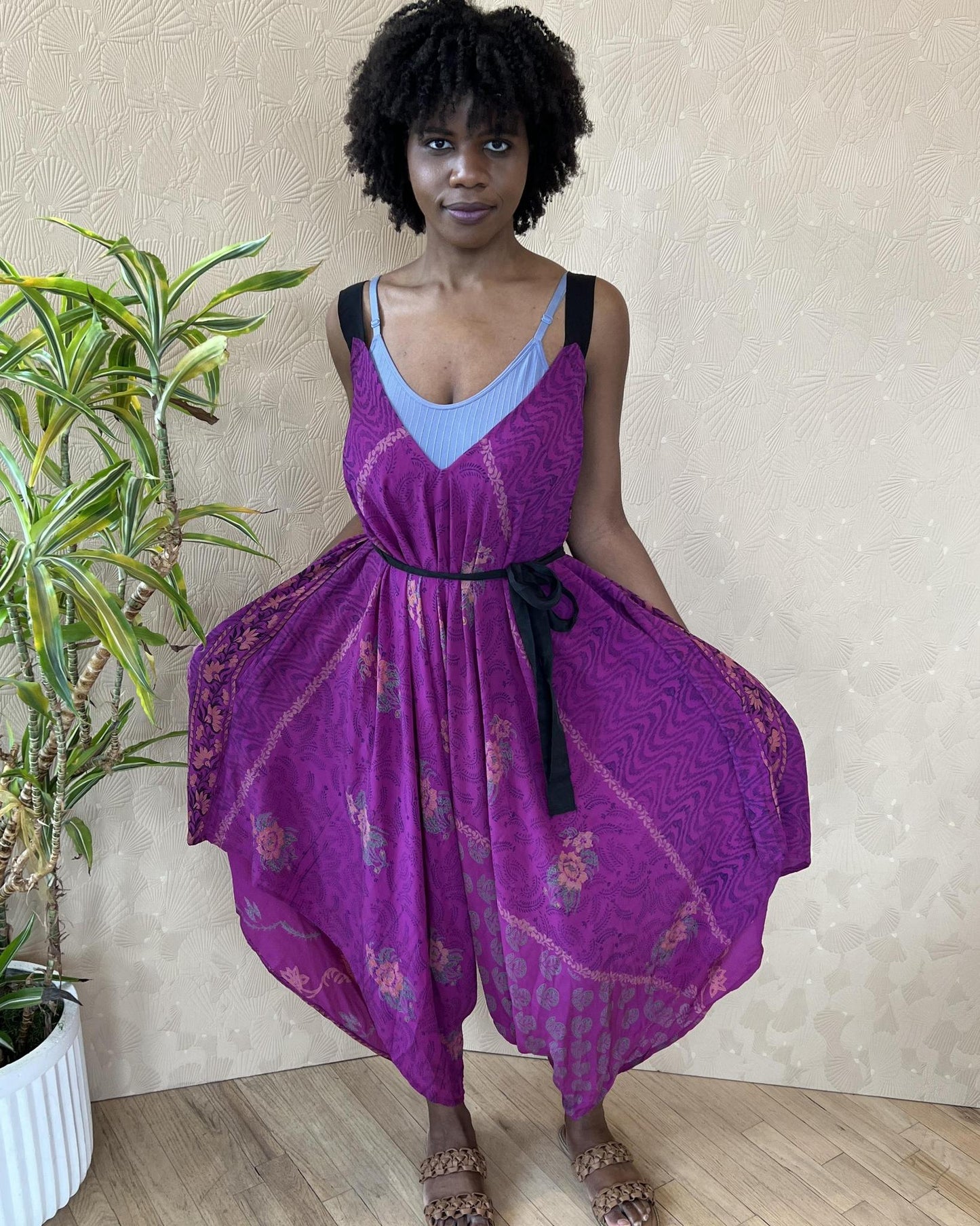 Indie Ella Zatanna Boho Silk Jumpsuit in Fuschia Flourish