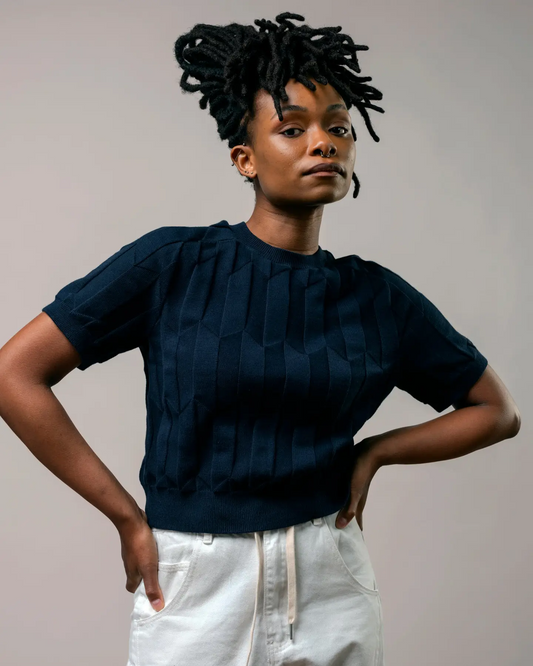 The Endery Chevron Ruben Short Sleeve Sweater Tee in Lobelia (Sapphire Blue)