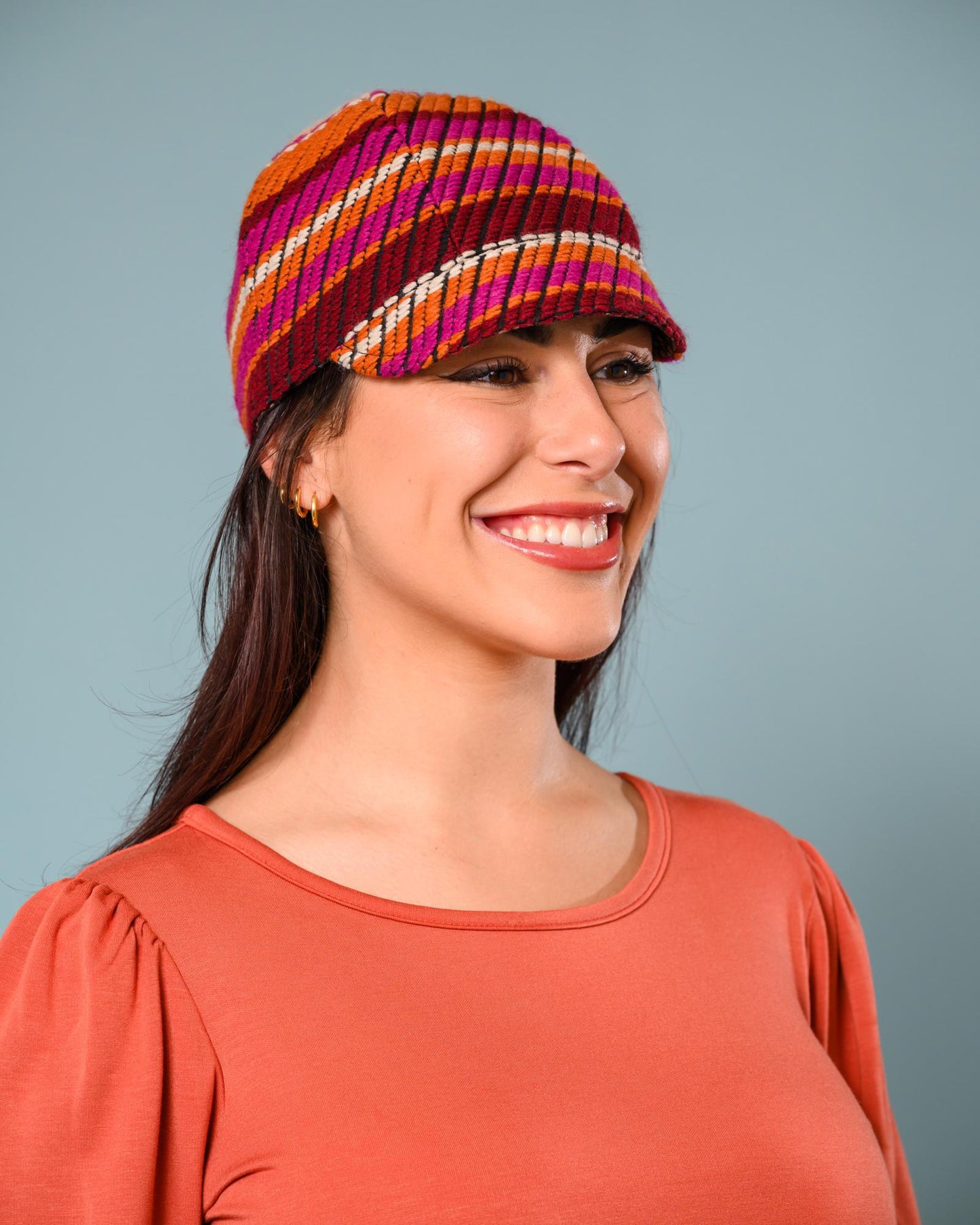 Squasht Reversible Bella Hat in Textured Burgundy & Fuchsia & Orange Stripes