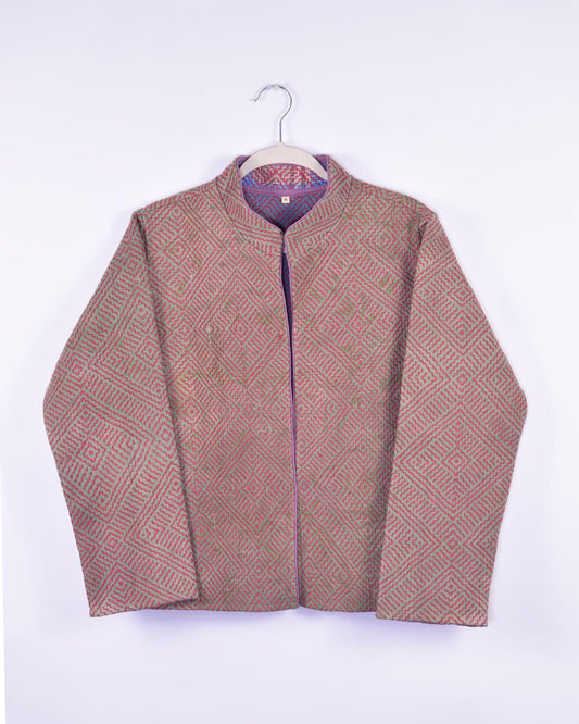 Txtile Billie Quilted Reversible Patchwork Kantha Jacket - Size Small - Red Embroidery Pattern on Olive