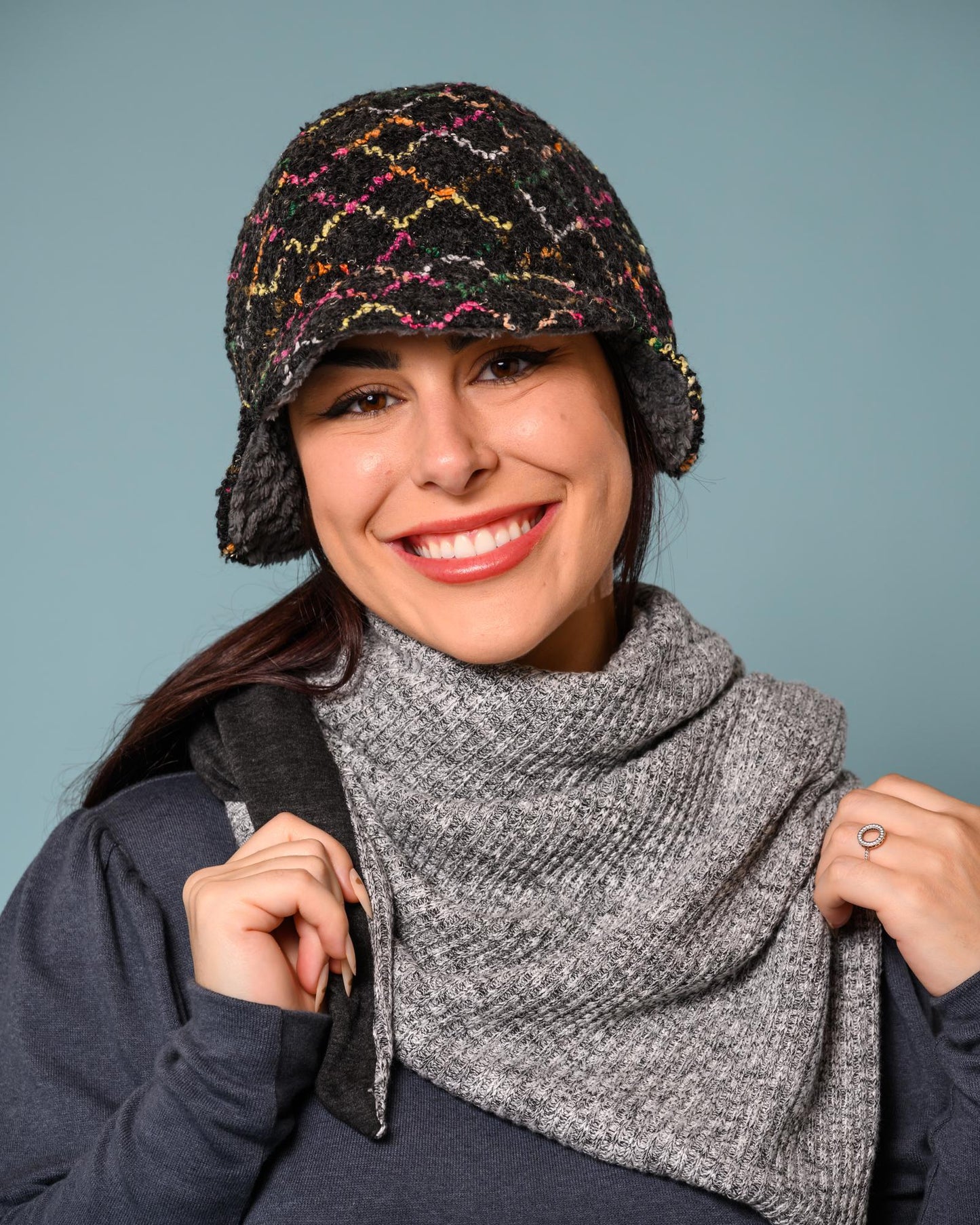 Squasht Darby Earflap Hat in Black Boucle with Squiggly Pattern