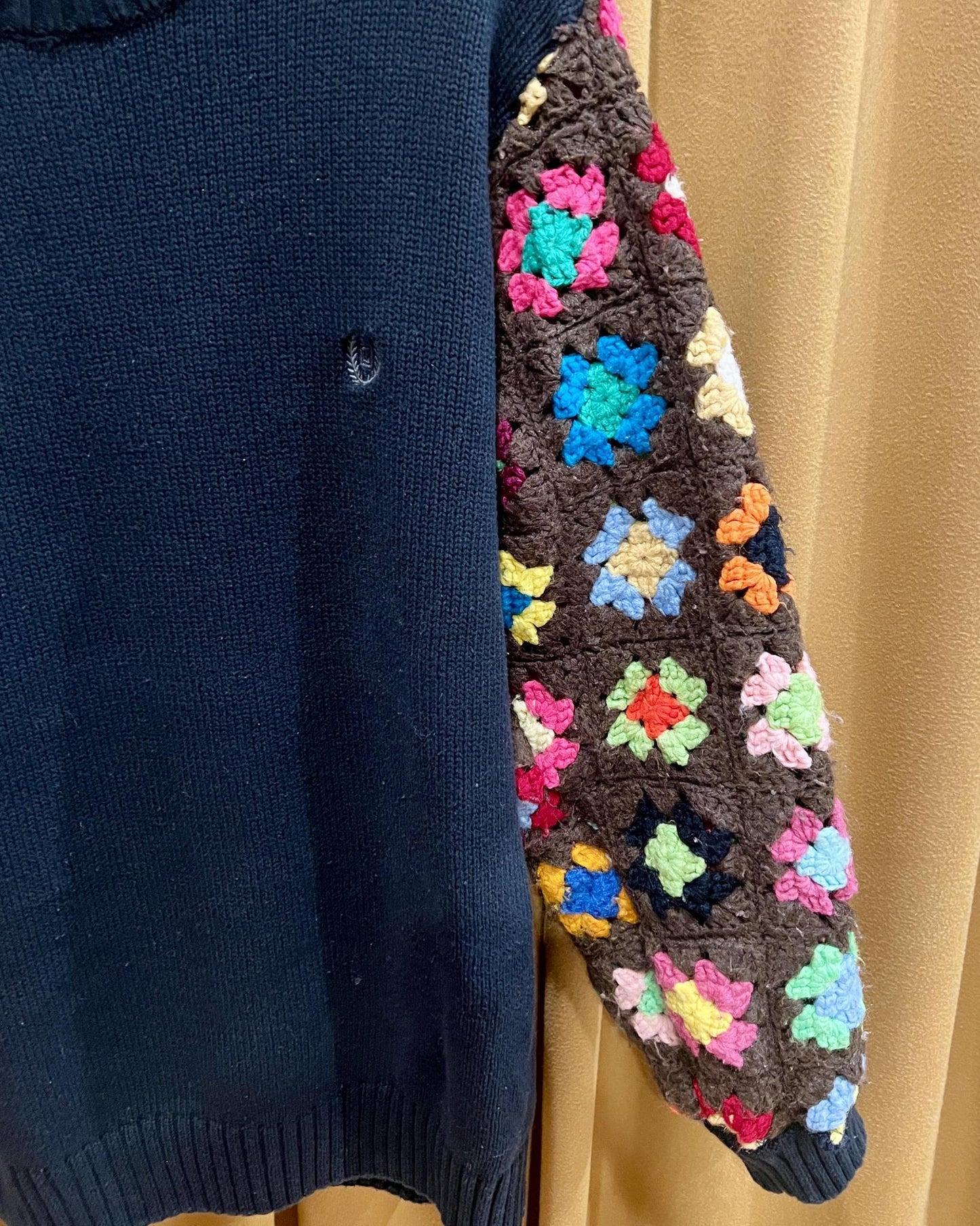 American Recycled Clothing - Crocheted Sleeve Knit Sweater - Black with Multi Color Granny Square Sleeves