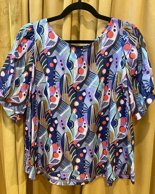 Squasht Puff Sleeve Top in Violet Geo Print - SALE - Size XS, Large