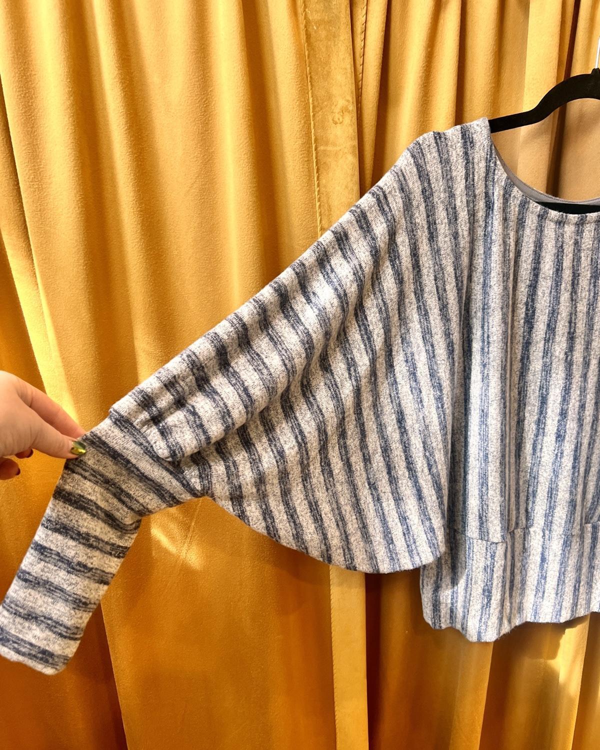 Squasht Batwing Sweater in Lightweight Light Gray and Blue Stripes