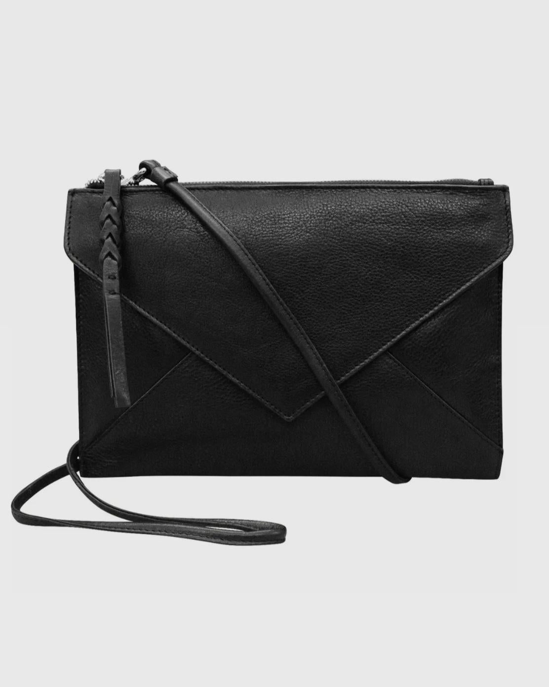 ili Leather Envelope Clutch with Crossbody Strap - Black