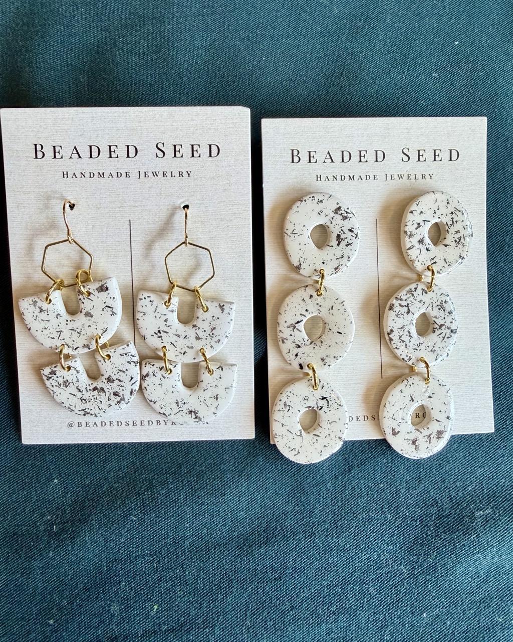 Beaded Seed by Ronea Dangle Stud Earrings in Speckled White