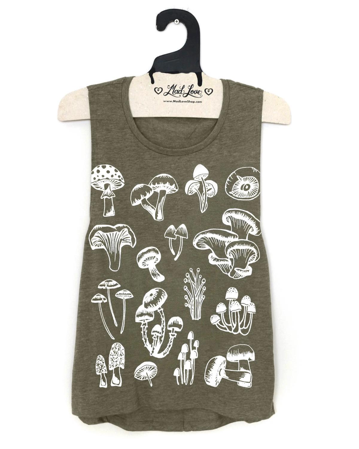 Mad Love Heather Olive Muscle Tank With Mushrooms