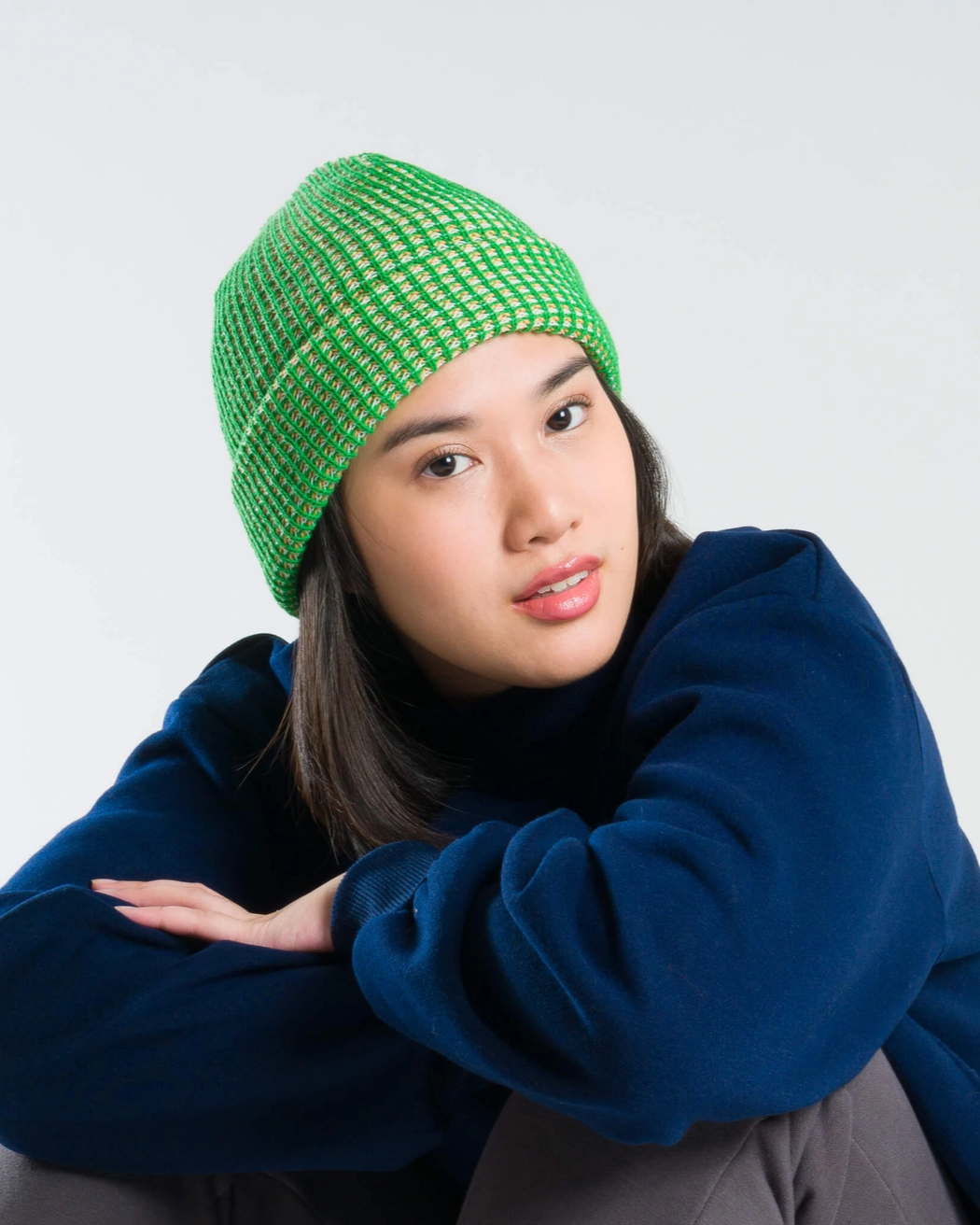 Verloop Simple Grid Rib Knit Beanie Hat in Kelly Green