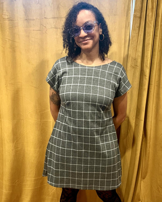 Fayru Faye Dress in Grey with White Grid Print