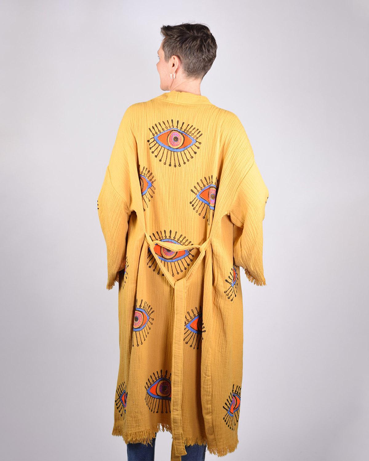 Txtile Luxury Turkish Cotton Evil Eye Kimono/Robe - Yellow Ochre