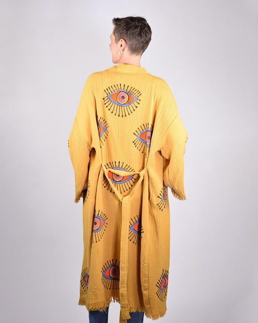 Txtile Luxury Turkish Cotton Evil Eye Kimono/Robe - Yellow Ochre