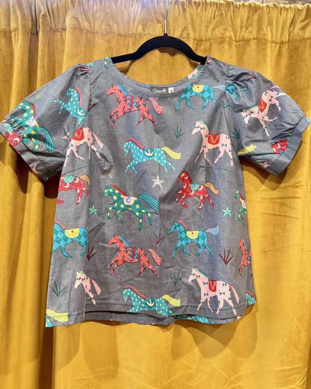 Squasht Puff Sleeve Top in Gray Horses