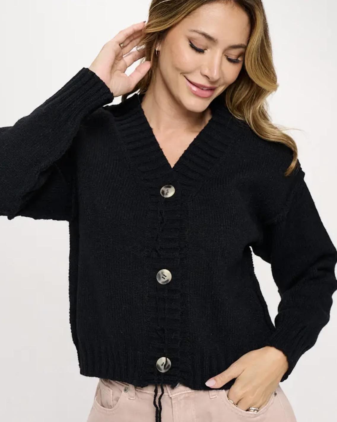 Renee C. Thick Knit Long Sleeve Cardigan with Buttons in Black