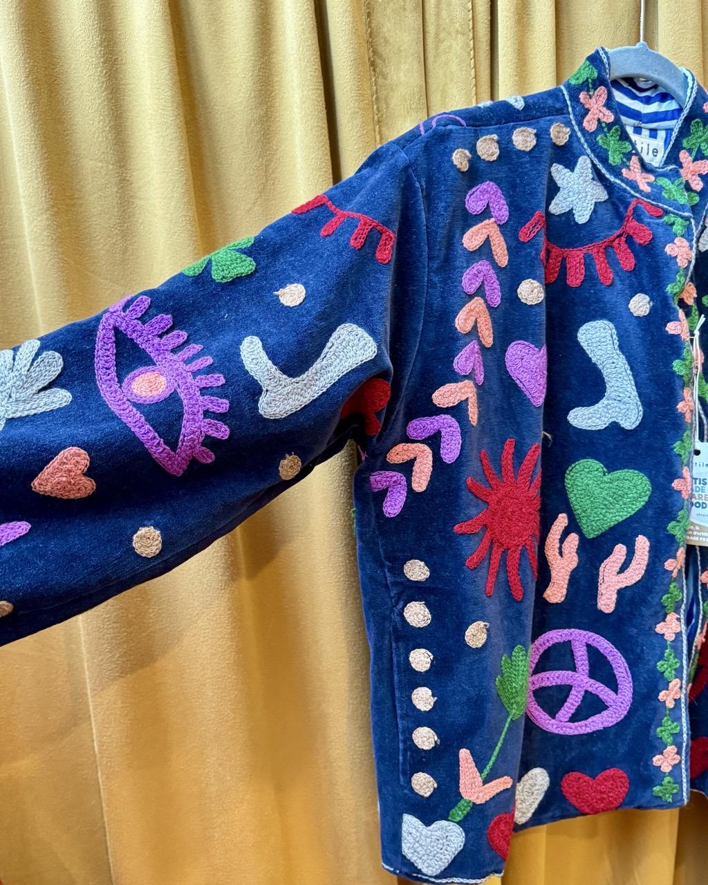 Txtile Navy Velvet Jacket with Embroidered Peace, Evil Eye, Boots, Hearts Motif