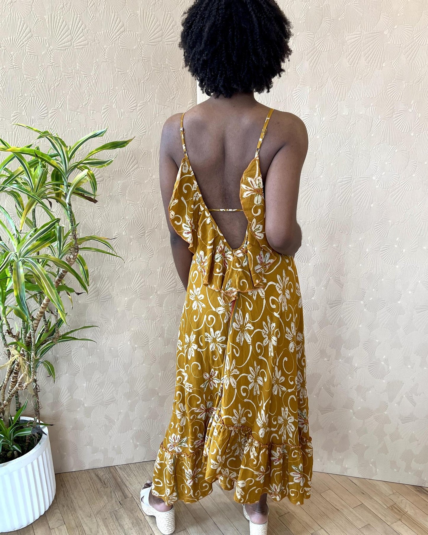 Indie Ella Harlow Strappy Silk Dress in Warm Ochre Floral