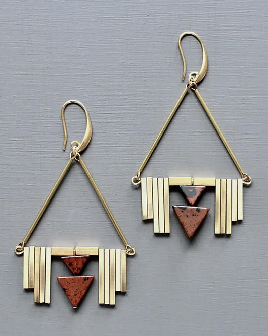 David Aubrey Burgundy and Brass Art Deco Earrings